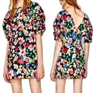 Zara Watercolor Flowers Ruched Sleeve V-Back Floral Mini Party Dress, Size S